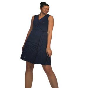 Serra Wrap Dress Navy Blue L Women Sleeveless Tie Waist Knit Knee Length NWT